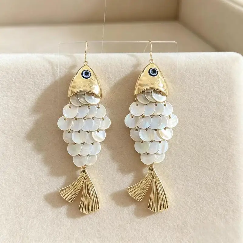 NEW Blue Sense Fish-shaped Earrings Creative Multi-layer Shell Scaly Tassel Drop Earrings Niche Summer Beach Vacation Jewelry