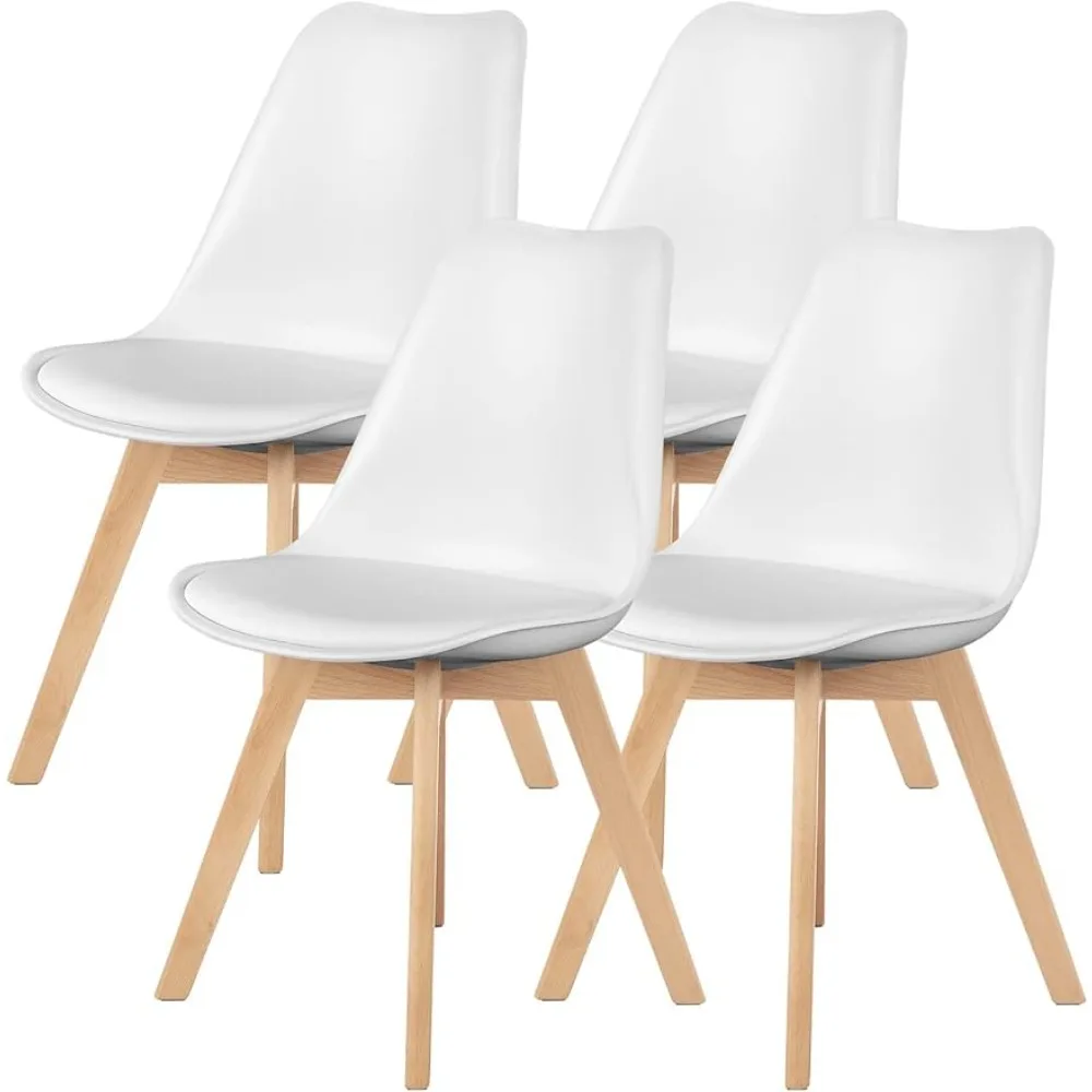 Lot de 4 chaises de salle à manger, en cuir PU, avec pieds en bois, blanches, modernes, pour la cuisine et le salon