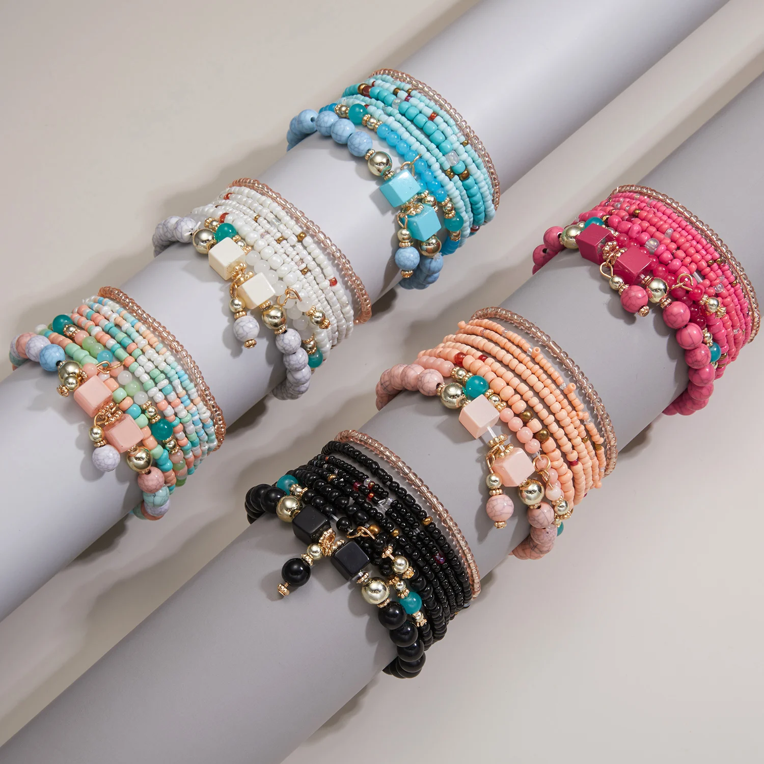 Bohemian Multilayer Rice Beaded Bracelet Set For Women Colorful Beads Crystal Natural Stone Bracelet Bangles Party Charm Jewelry