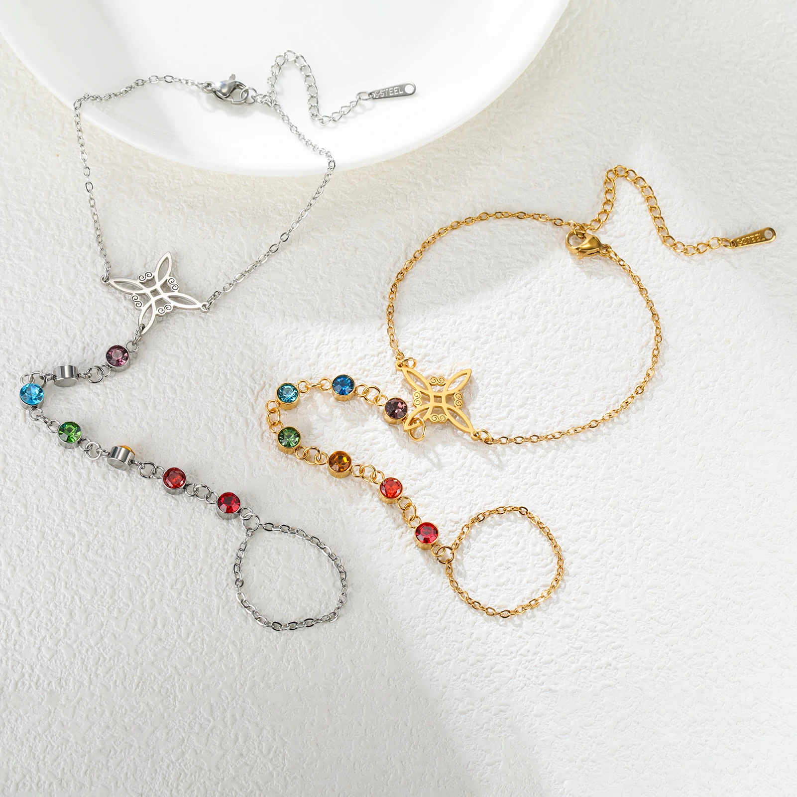 Unift سوار عقدة الساحرة مع خاتم الفولاذ المقاوم للصدأ سوار المرأة موضة سوار الزركون الملون مع خاتم هدايا لصديق #5