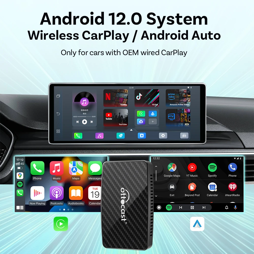 Ottocast Play2 Video Pro Ai Box Wireless CarPlay Android Auto Adapter Built in Youtube Netflix Iptv for Car with Wired Carplay