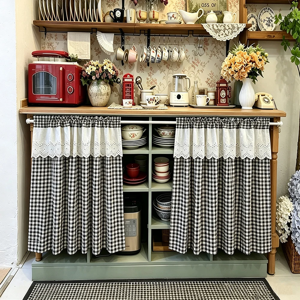 Retro Black White Check Kitchen Curtains Cafe Curtains with White Ruffled Lace Trim for Bedroom,Oven cabinet Multi scene Decor