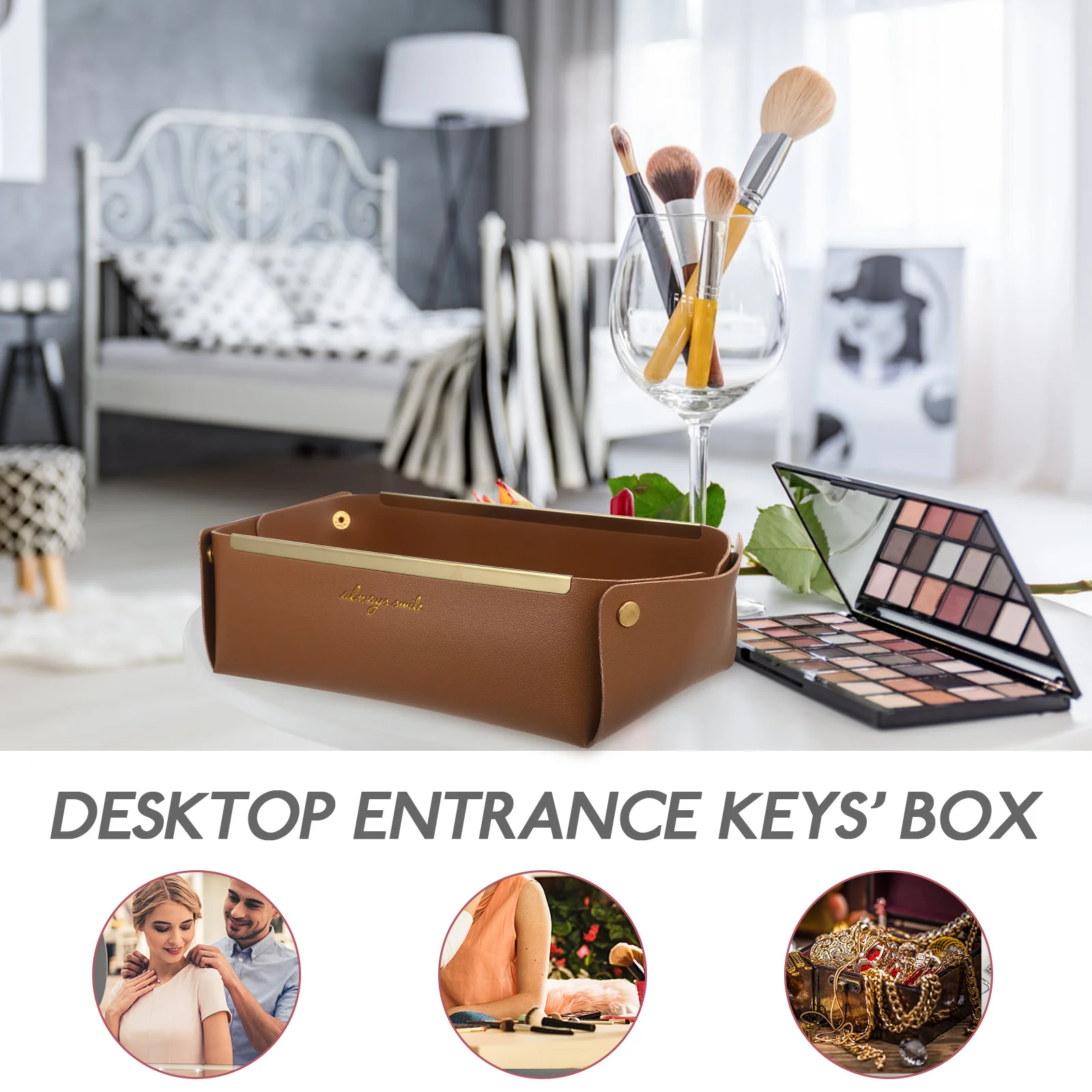 

Gold edged Storage Box Jewelry Tray Light Brown Small Size Decorative Ring Dish PU Material Key Holder Trinket Plate