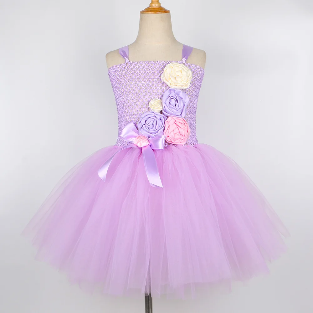 Purple Floral Princess Style Elegant Tulle Dress Stage Performance Birthday Party Fancy Fantasy Outfit Masquerade Role Play Set