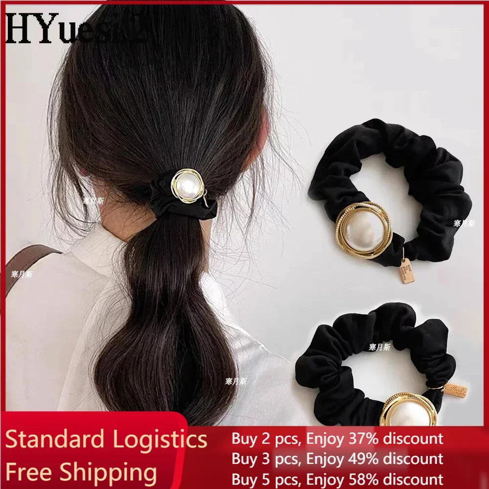 

Vintage Pearl Scrunchies Black White Color Elegant Metal Tag Pearls Hair Ties Women High Elastic Rubber Bands Ponytail Headress