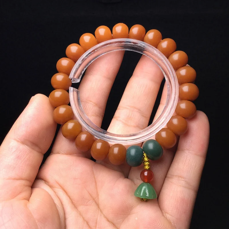 Weathered Apple Bead Single-Loop Bracelet for Men and Women, Yellow Bodhi Root with Lotus Seed Beads