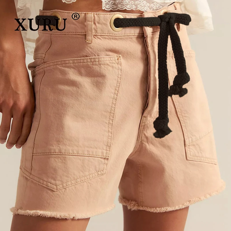 XURU - شورت جينز نسائي جديد Y2k من قماش الدنيم، جينز فضفاض برباط متعدد الجيوب، جينز قصير نسائي فاخر