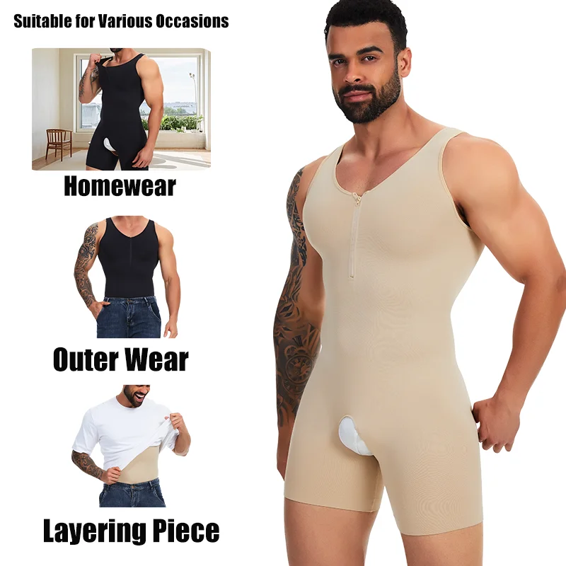 Men's Full Body Shaper Sleeveless Shapewear Low Neckline Zipper Bodysuit Open Crotch Underwear Tummy Control Fajas Abs Abdomen