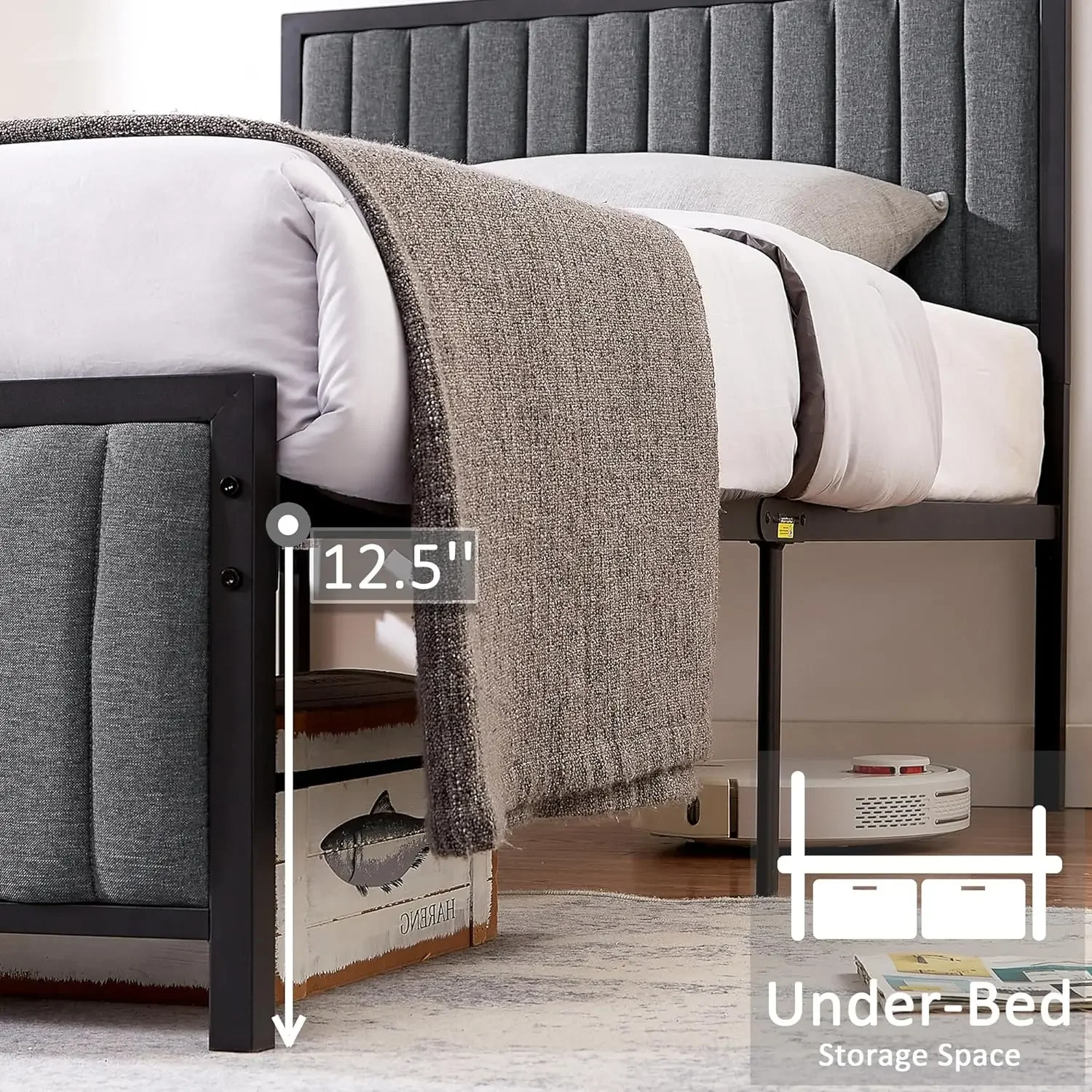 Bedframe Met Gestoffeerd Getuft Hoofdeinde En Voetenbord, Heavy Duty Stalen Latten Platform, Geen Boxspring Nodig