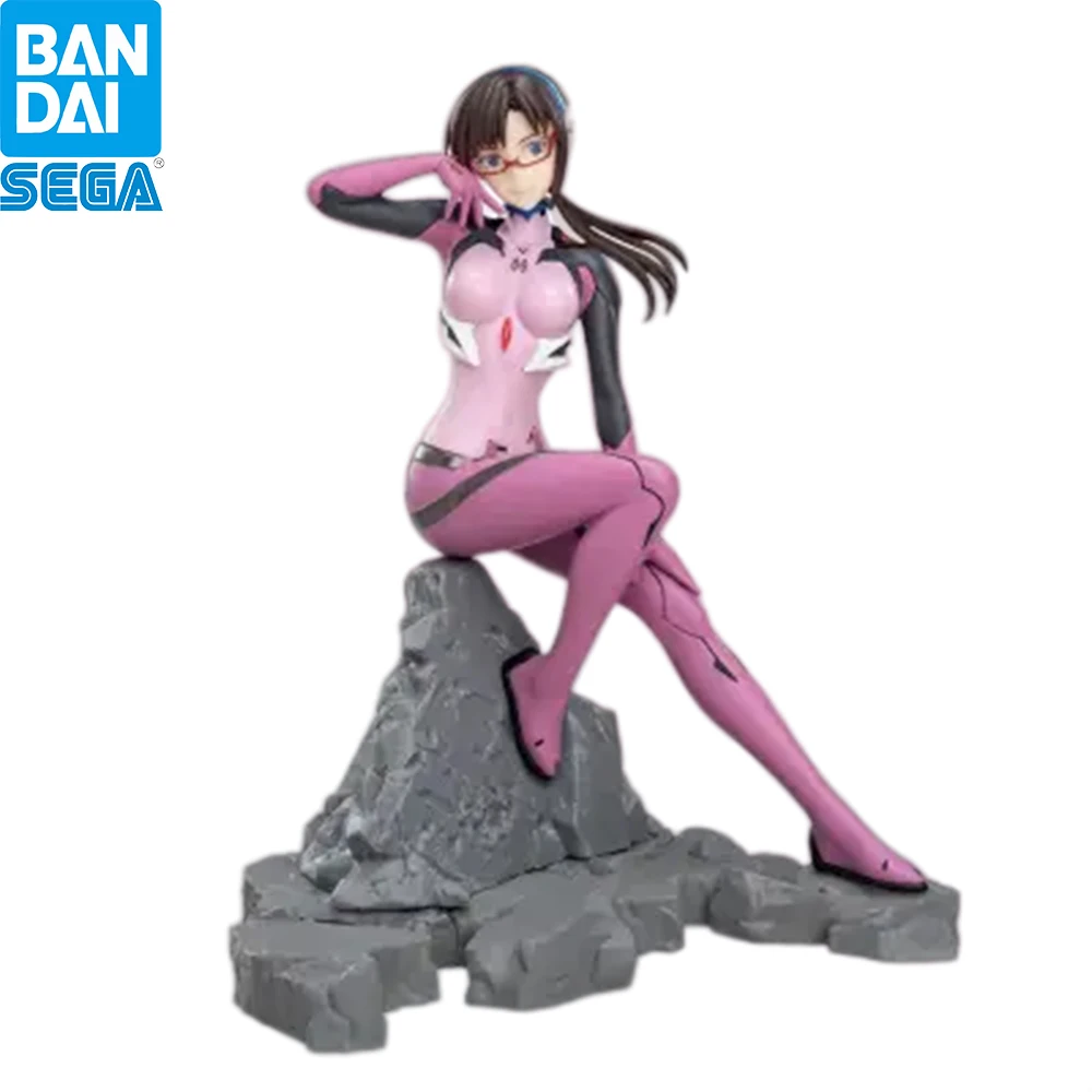 In Stock SEGA Evangelion Mari Makinami Pink Plug Suit Glasses Rock Base Sitting Painted Anime Collectible Figure Toy