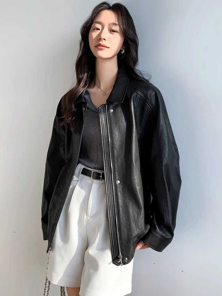 Vintage Genuine Leather Motorcycle Jacket for Women Spring Autumn 2025 New High-end Casual Simple Soft Black Real Sheepskin Coat