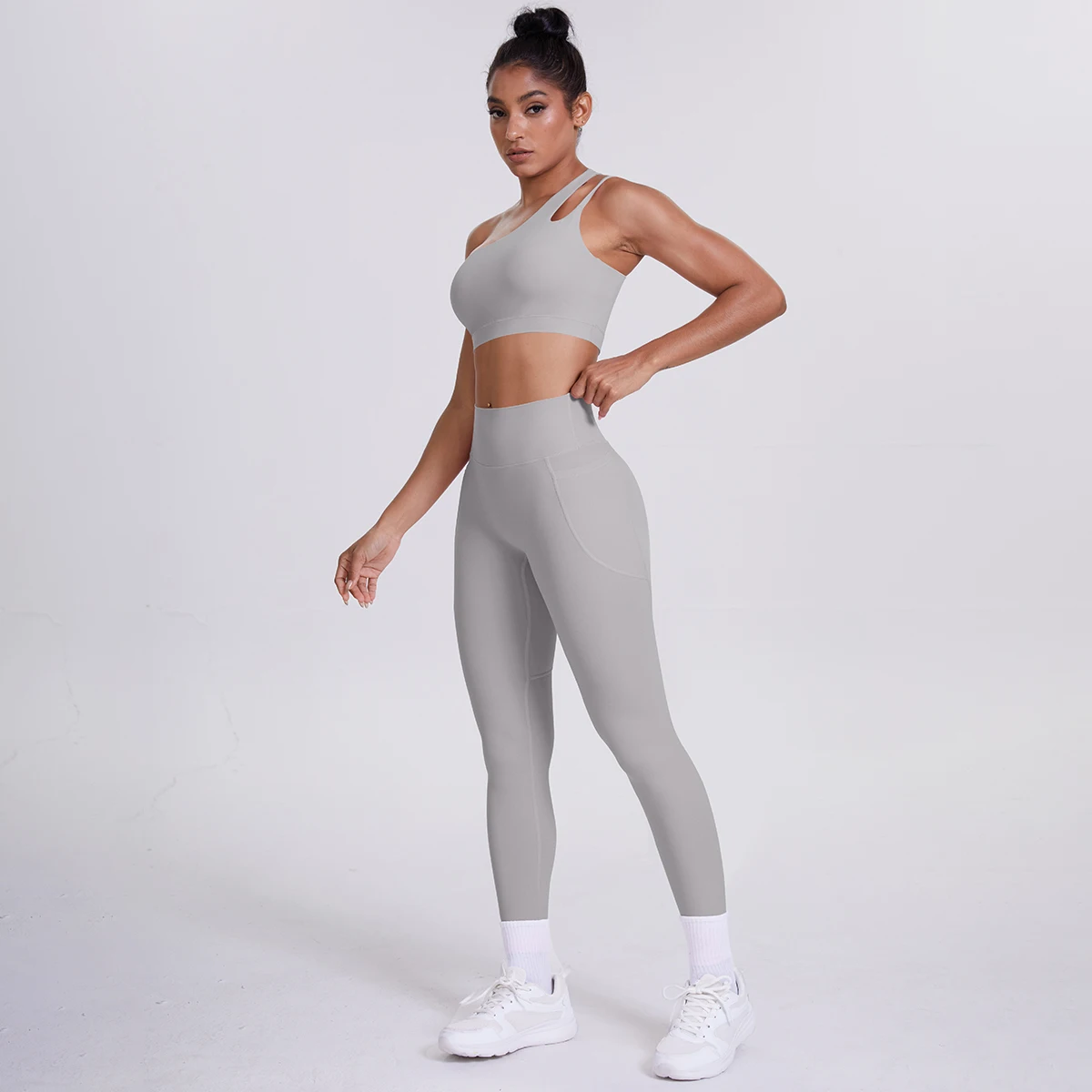 2-teiliges einfarbiges Sport-Yoga-Set für Damen, sexy, schräger Schulter-BH, Fitness-Top, Laufen, Radfahren, Taschen, Hosen, Fitnessstudio, Yoga-Set – Detail 31