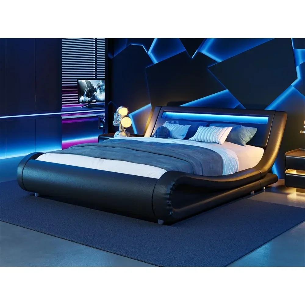 

Modern Queen bed frame with RGBW LED Lights Headboard, Low Profile Upholstered Platform Sleigh Design, Strong Wood Slats