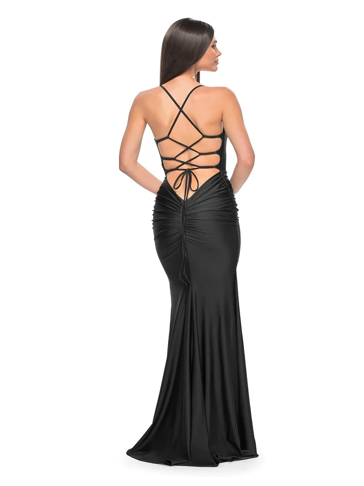 Vestido feminino com cinta de espaguete decote V, vestido até o chão, coluna cetim, sexy Criss Cross Back, novo produto, 2024