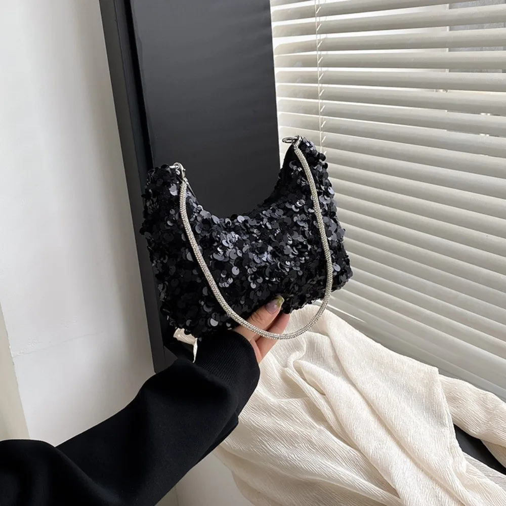 New Zipper Underarm Bag Shiny Sequins Solid Color Women's Handbag Tote Bag Women