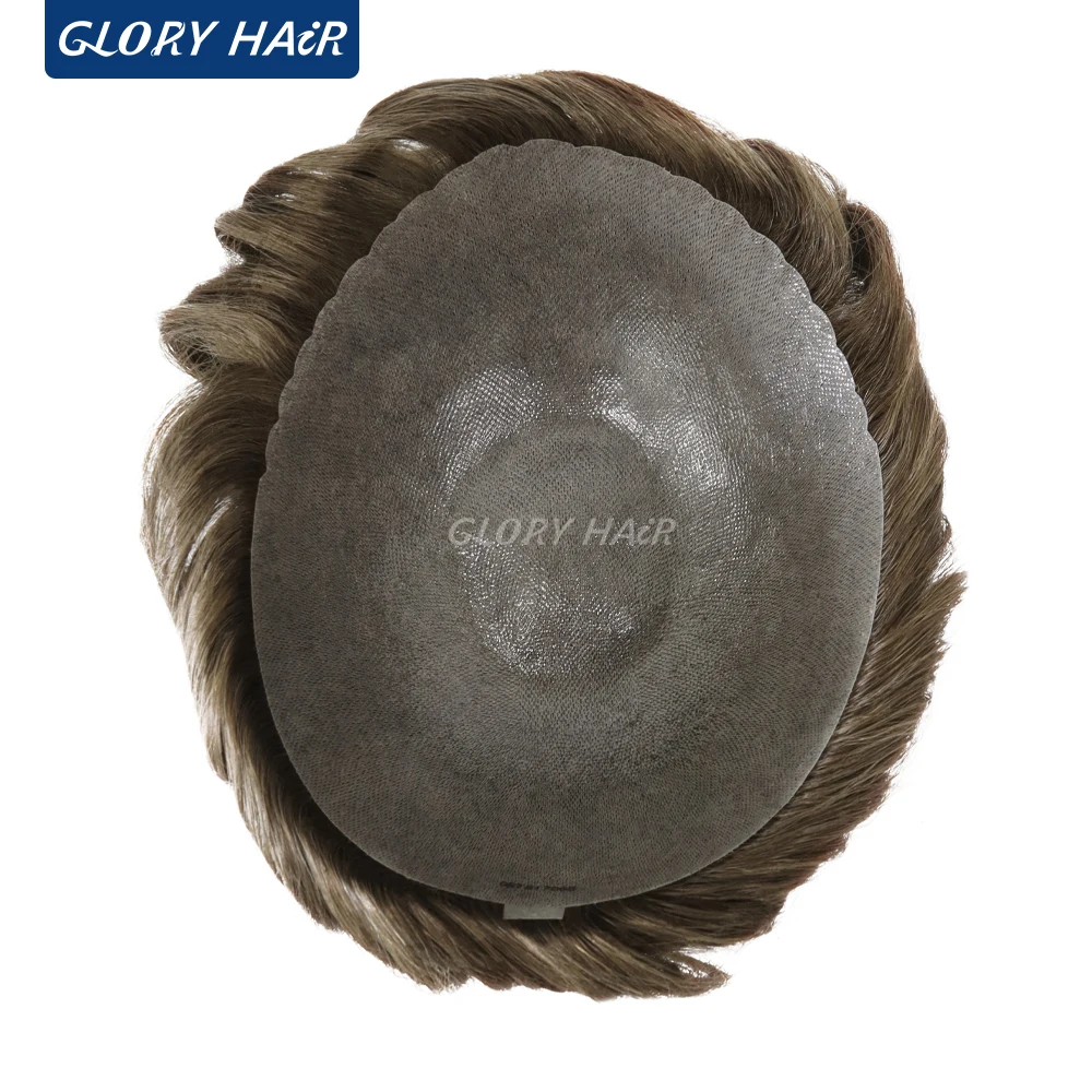 دائم مزدوجة معقود الرجال الشعر المستعار الاصطناعية 0.12-0.14 مللي متر بولي PU 5 "شعر مستعار بشري هندي رجل نظام استبدال الشعر قطع الشعر