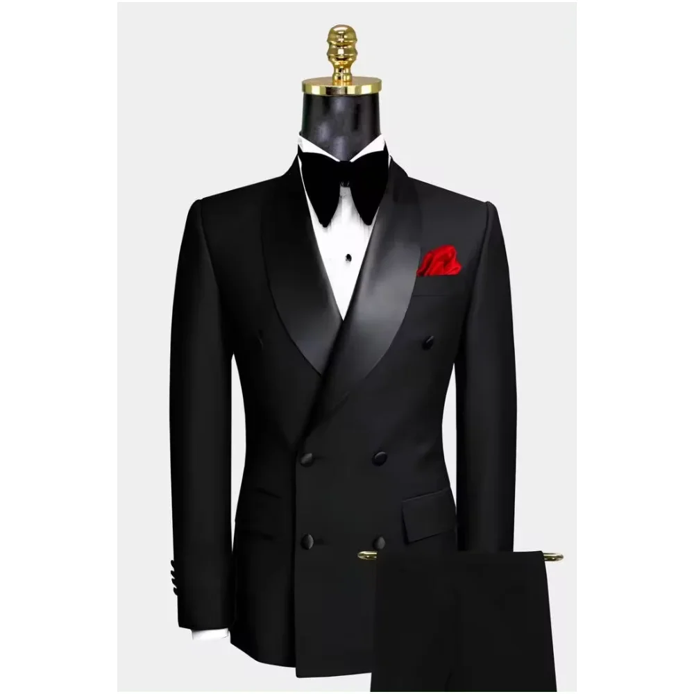 Black shawl satin lapel double breasted men's set for weddings, groomsmen, dances, and dinners, groom's jacket and pants