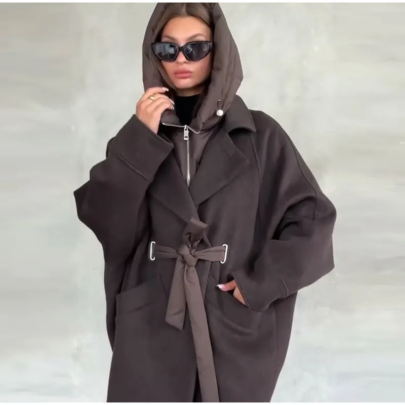 Solid Patchwork Women's Jackets Detachable Hooded Lace Up Pockets Coats Lady Chic Loose Outerwears 2026 Spring Autumn New Coat