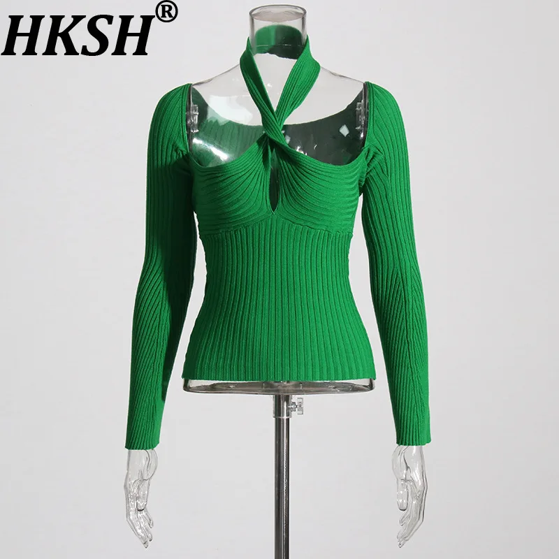 

HKSH Весенне-Осенний новый женский свитер с лямкой на шее, сексуальный модный однотонный облегающий вязаный топ с длинными рукавами HK17850