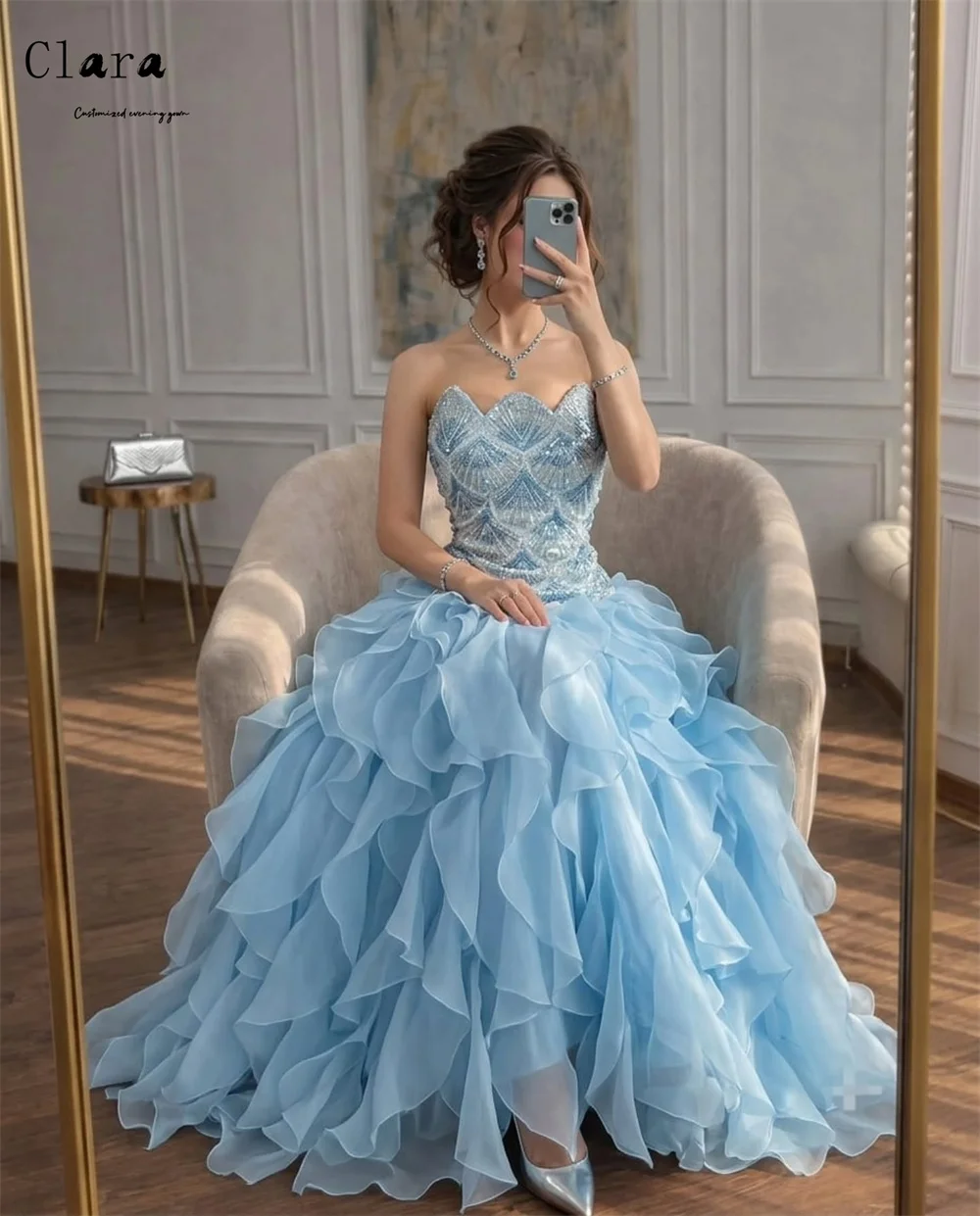 Clara Maßgeschneidertes A-Linien Trägerloses Spitzenkleid in Himmelblau für Luxus-Partys Elegante Abendkleider Formelles Kleid 2026 Damen