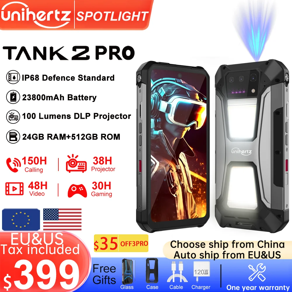 Unihertz tank 2 Pro 8849 rugged phone with projector 100MP 24GB 256GB Android 14 100MP NFC 120W Helio G99 23800mAh