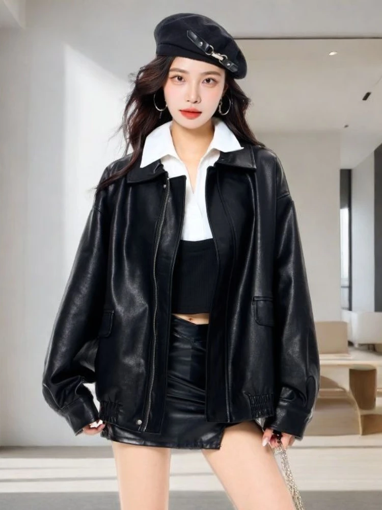 브라운 캐주얼 루즈 가죽 자켓 여성 포켓 세련된 패션 가죽 자켓 여성 2025 가을 streetwear 하이 스트리트 한국 코트