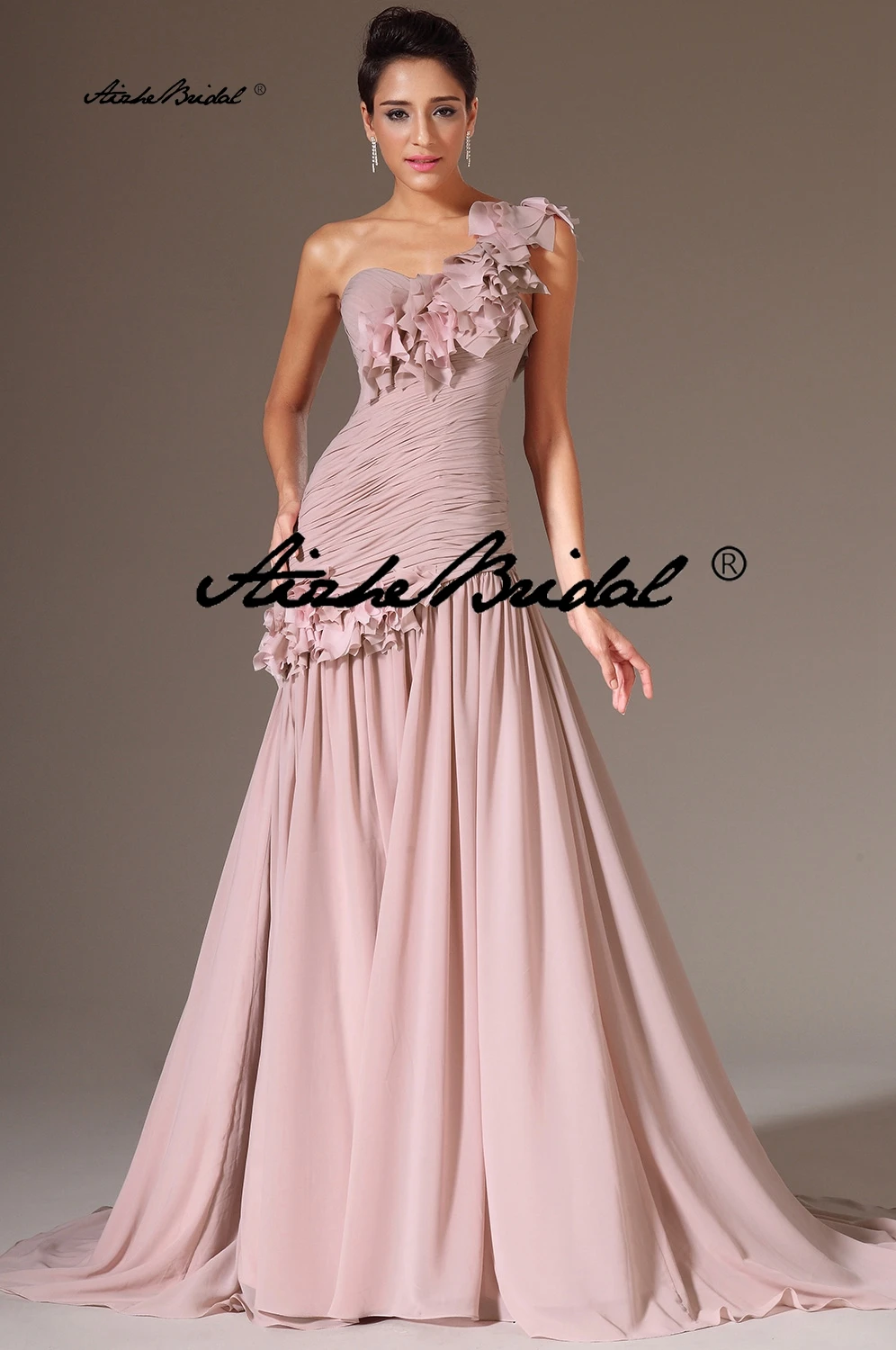 Vestido de noche vintage de gasa rosa polvoriento con un solo hombro y hojas