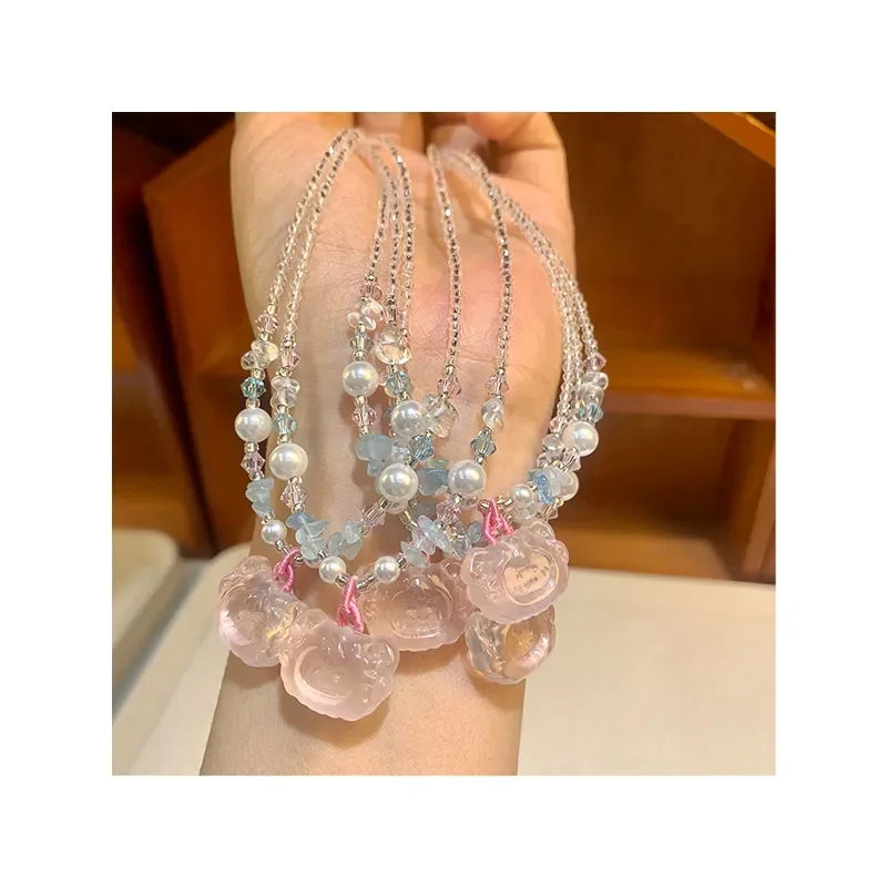 Crystal collarbone chain spring atmosphere pink necklace female gift Chinese Mozambican powder crystal multi-sister