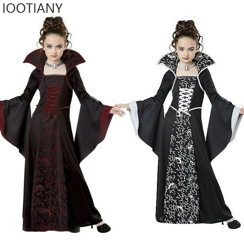 

Halloween Witch Vampire Cosplay Costume Children Girls Medieval Retro Bell Sleeve Printed Maxi Dress Party Performance Costume