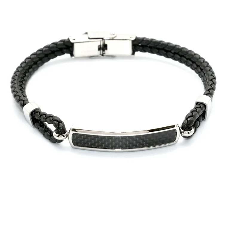 New Arrival Double Braided Genuine Leather 316L Stainless Steel Carbon Fiber Fashion Luxury Men Cuff Bracelets