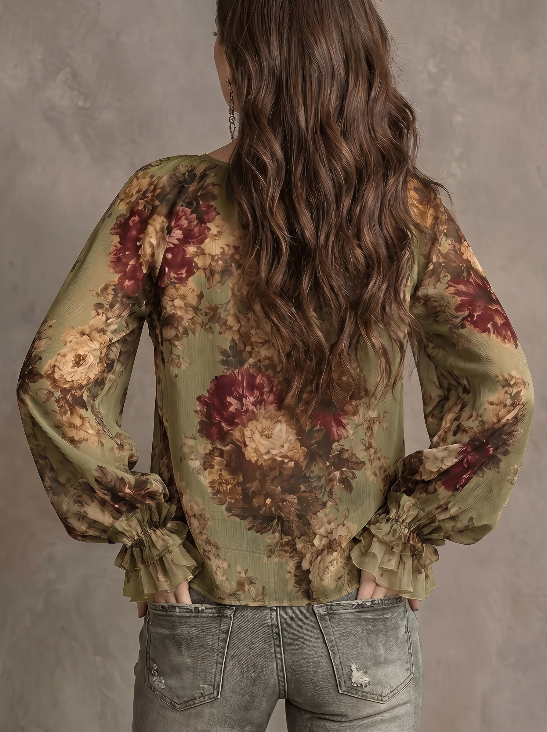 Damen Vintage Blumenmuster V-Ausschnitt Bluse mit Glockenärmeln Chiffon-Top Elegante Retro-Mode – Detail 9