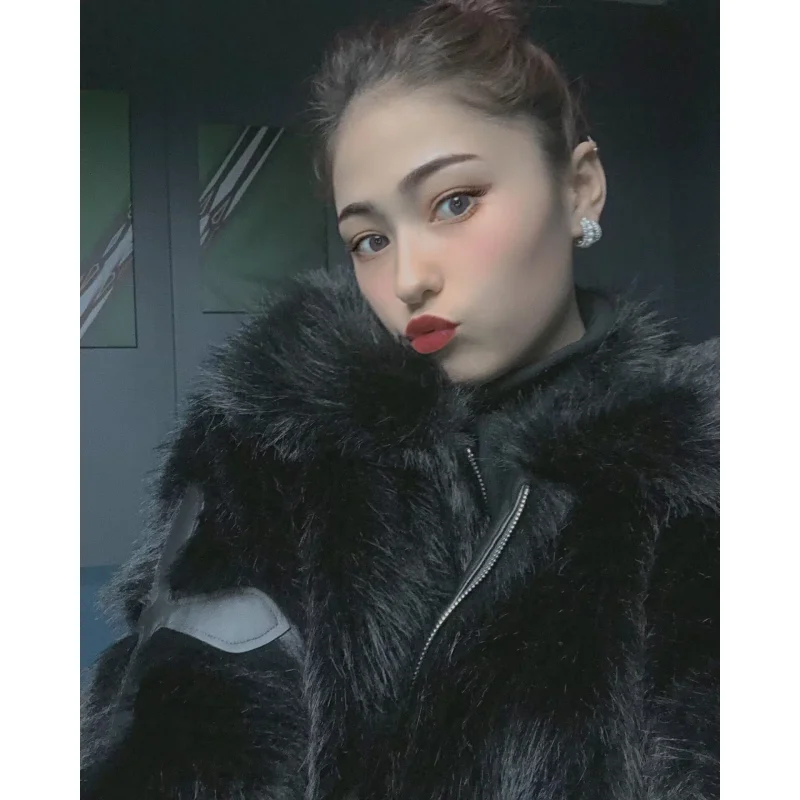 2025 Winter Vrouwen Katoenen Jas Revers Lange Mouw Patch Cross Korte Bontjas Zwart Bont Jas Vrouwelijke Casual Warme Bovenkleding 3441