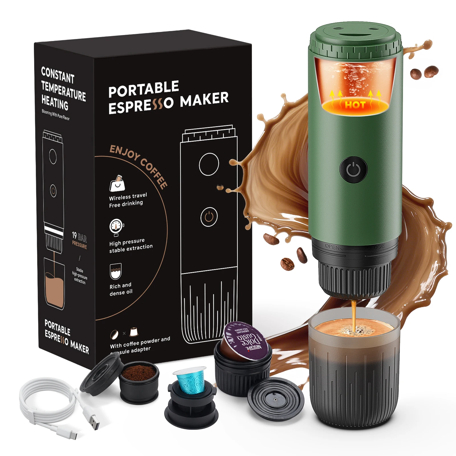 Machine à expresso Portable 3 en 1, cafetière de voyage pour Camping randonnée bureau auto-chauffante avec USB-C