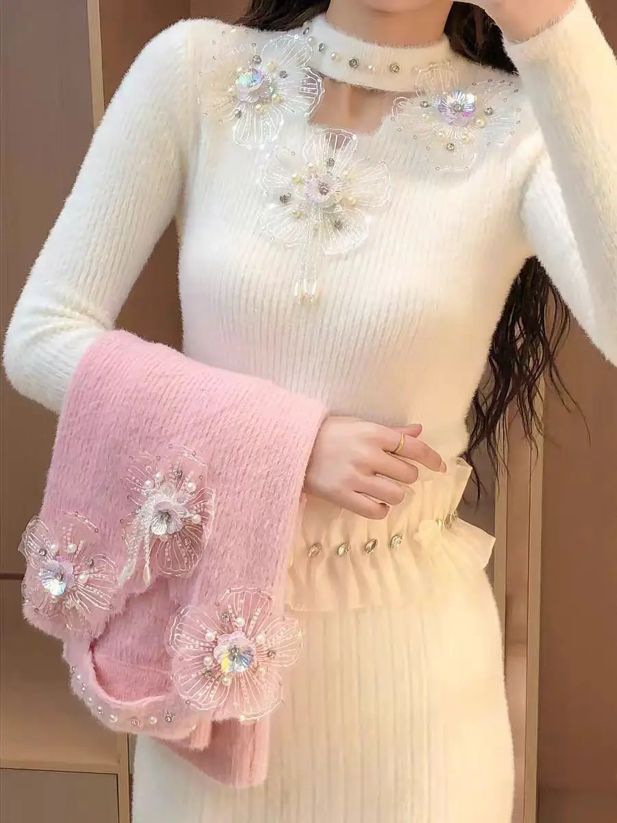 New In Autumn Winter High-end Diamonds 3D Flowers Stitch Sweater Women\'s Knitwear Pullover Knitted Slim Fit Tops Female Clothing