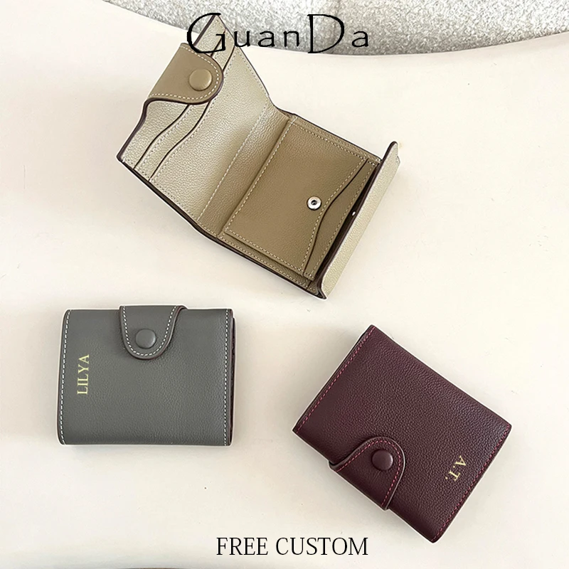 Custom Initials Luxury Wallet For Woman Fashion Folding Short Card Holder Engrave Letters Cowhide Lady Casual Coin Pouch Bag