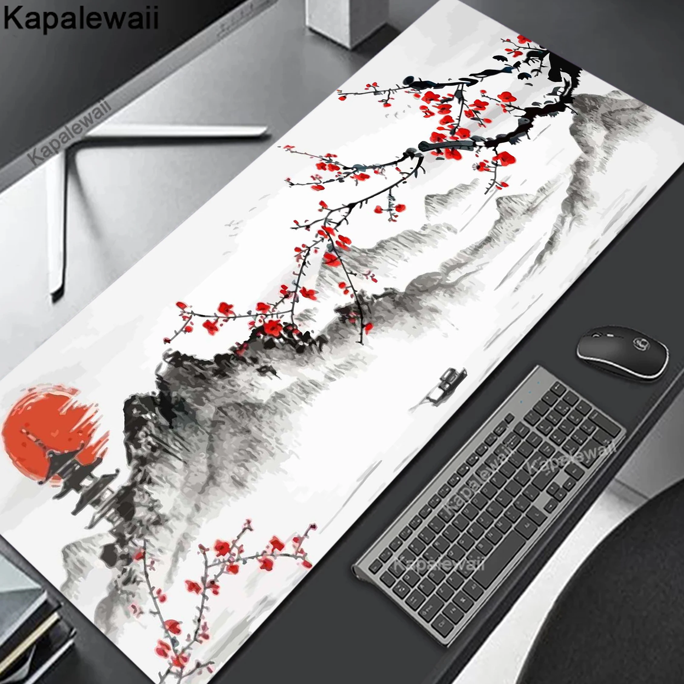 

Large Gaming Mouse Pad With Stitched Edges Topographic Map Sakura Desk Mat Extended Mousepad With Anti-Slip Base Desk Pad