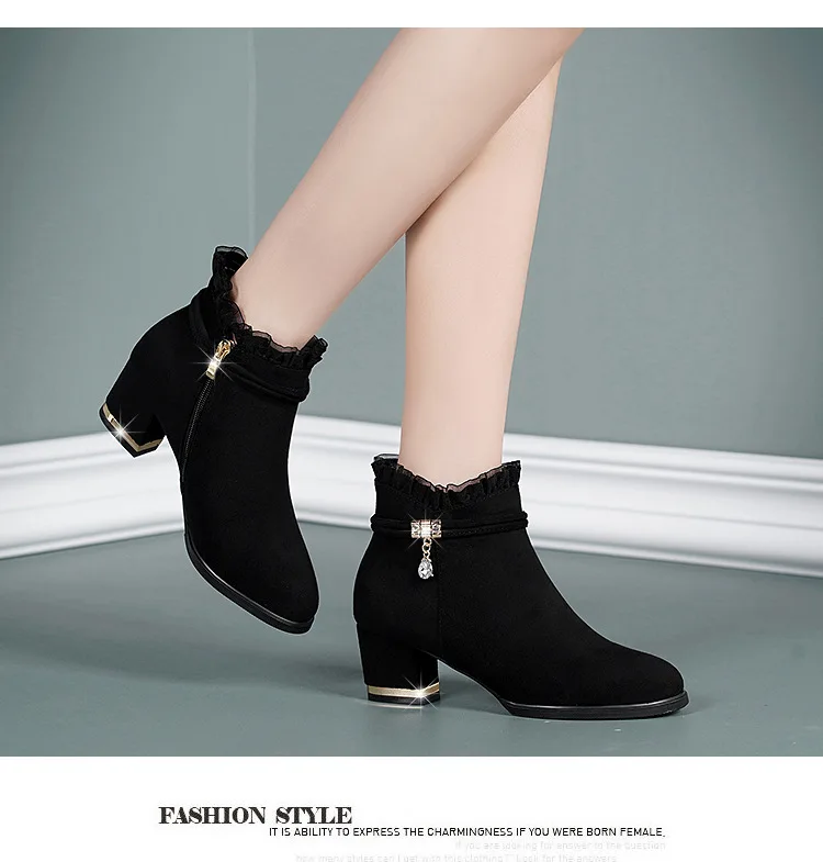 Shoes for Women Autumn Fashion Boots Women Fur Winter Warm Pointed Ankle Boot High Heel Rhinestone Decoration Zipper Women Boots