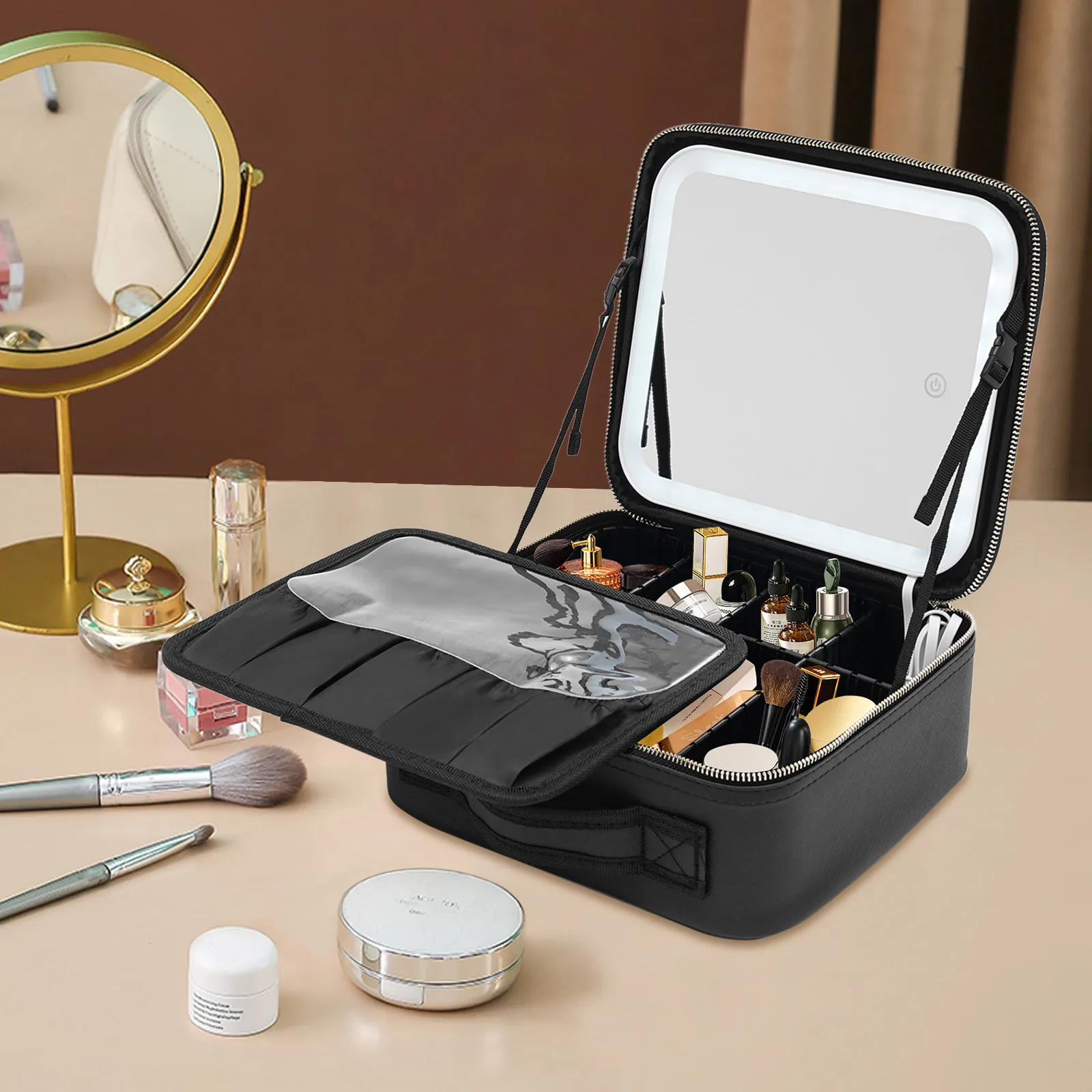 

Makeup Train Case with LED Large Lighted Mirror Waterproof Adjustable Brightness Large Cosmetic Organizer Storage