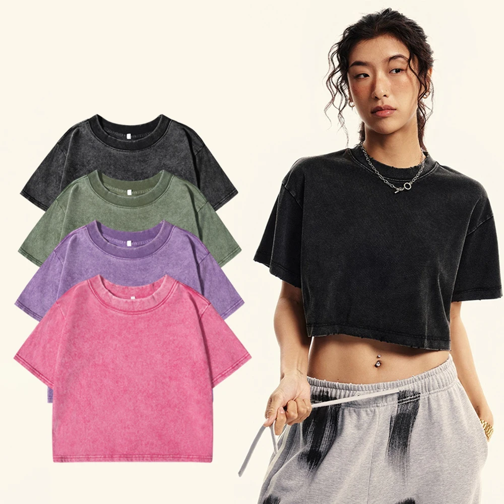 100% Cotton Washed T-Shirts For Women Loose O-Neck Crop Tops Y2k Street Female Clothes Summer Casual Vintage Short Sleeve Tees