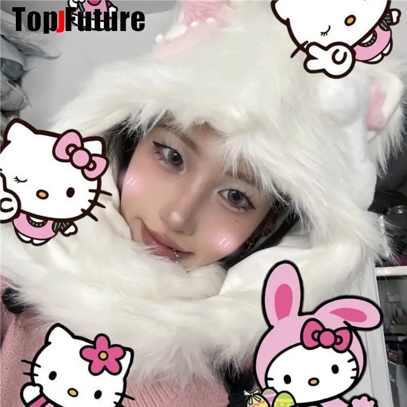 Harajuku Gothic Cute Fluffy Plush Faux Fur Cat Ear Hat Y2k Punk Women Winter Windproof Ear Protection Warm Beanie Hats Scarves