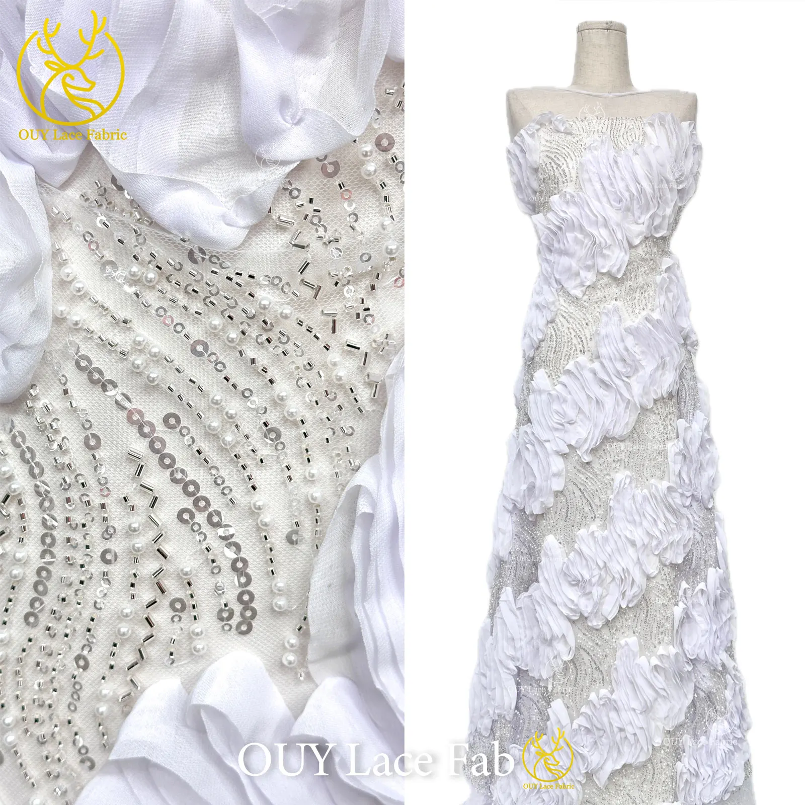 

France 3D Tulle Lace Fabric 2026 High Quality African Beaded Lace Fabric Nigerian Sequin Lace For Bridal Wedding Party Dresses