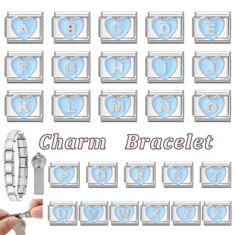 Cute Blue Heart A-Z 26 Letters 3D Charm Italian Link Fit 9mm Stainless Steel Bracelet Women Men DIY Making Birthday Jewelry Gift