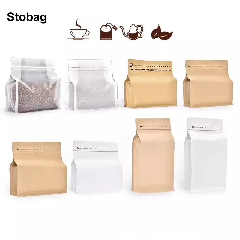 

StoBag 20pcs Kraft Paper Coffee Beans Packaging Bag with Valve Clear Sealed for Food Powder Tea Nuts Storage Reusable Pouches