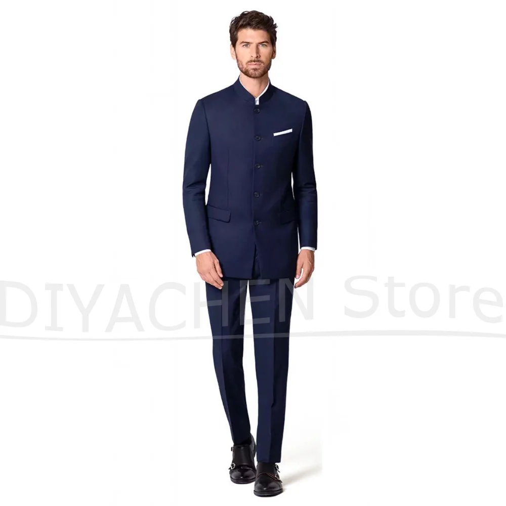 

Мужской костюм, комплект из 2 предметов, шикарный однобортный костюм с воротником-стойкой, модные однотонные умные повседневные костюмы для мужчин на заказ