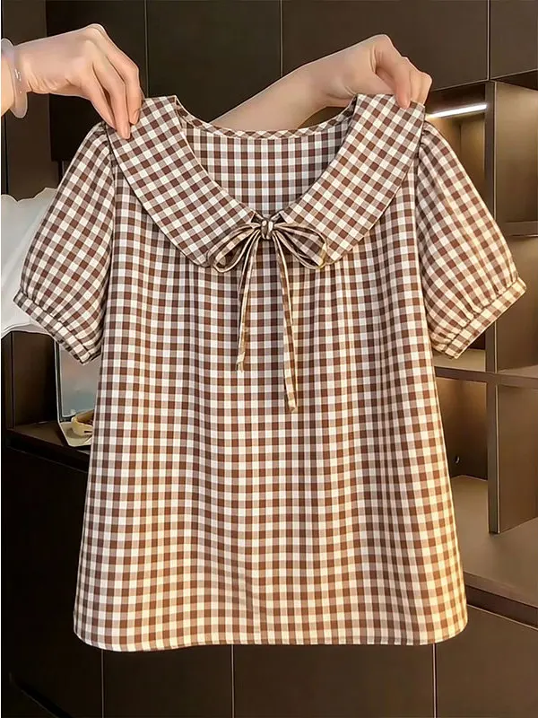 

Sweet Style Plaid Short Sleeve Doll Collar Shirt Women's Summer 2026 New Knot Tie Splice Top Fashionable Casual Shirt