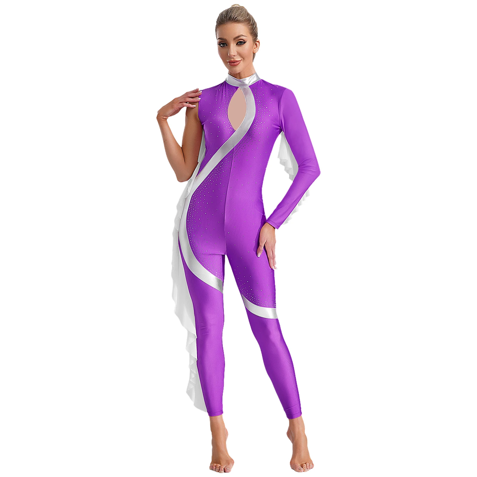 Women Dance Jumpsuit Skating Gym Performance Costume Color Block Leotard Full Body Bodysuit Gymnastic Rhythmic Ballet Dancewear