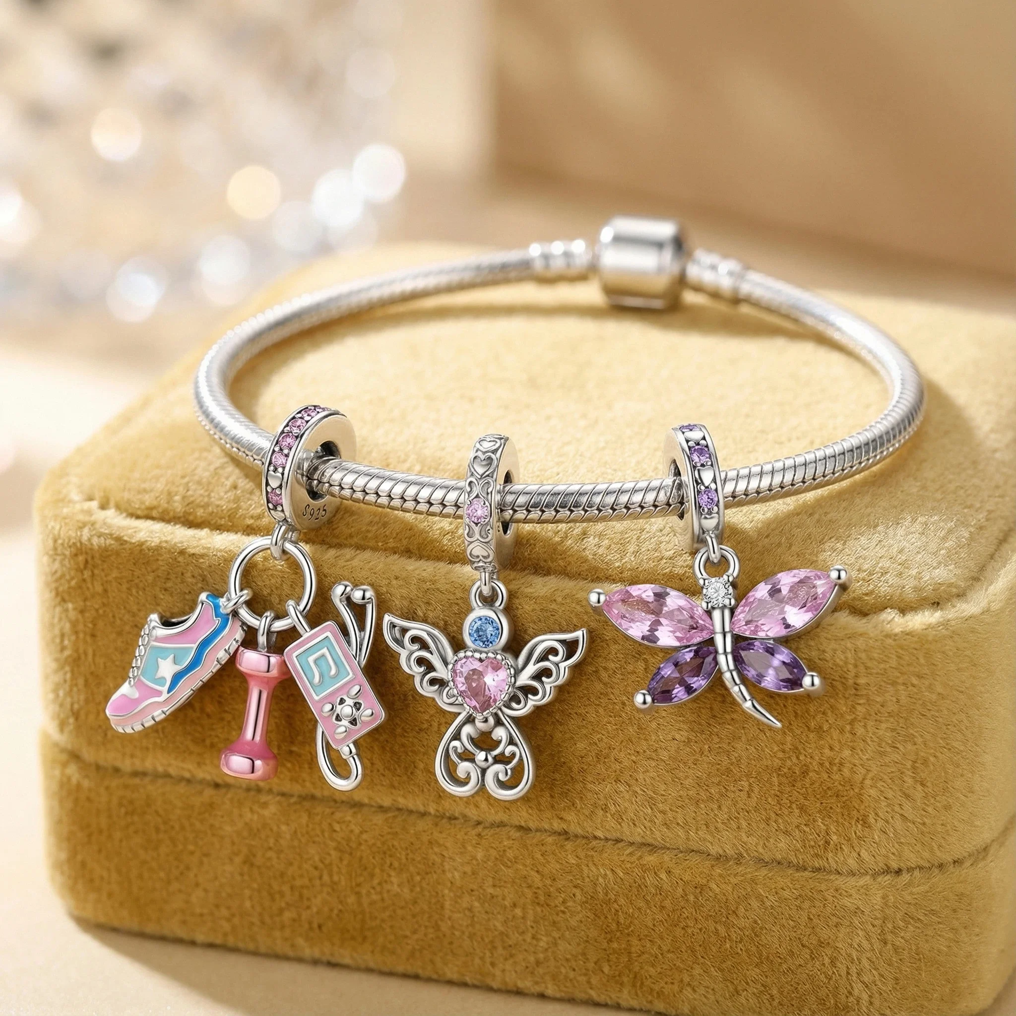 925 Sterling Silver Butterfly dumbbell Charms Pendant with Cubic Zirconia,Fit DIY bracelet necklace Gift for Her,Colgante Plata