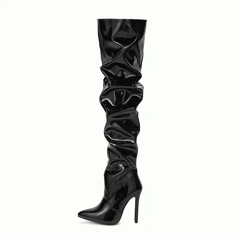 2023 Over-the-knee Boots Women Fashion Pointed Toe Black Side Zipper Thin High Heels Female Shiny Pleated High Heel Botas