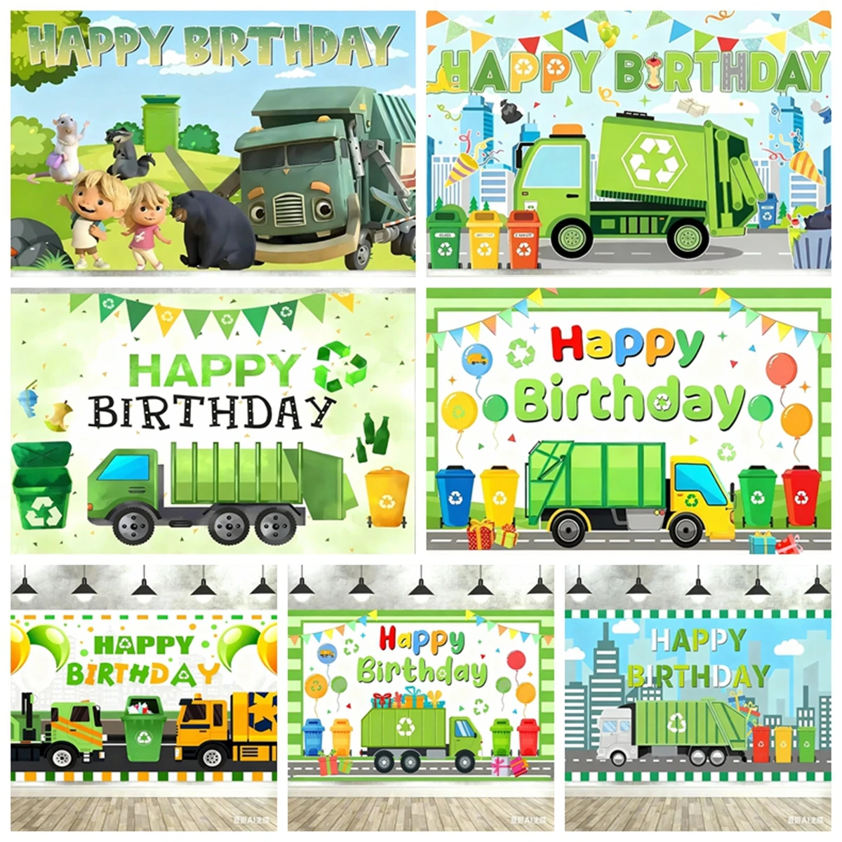 

Cartoon Garbage Truck Theme Backdrop Cloth Boy Engineering Vehicle Green Environmental Children Birthday Party Decoration Banner