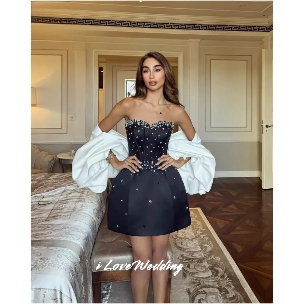 

Черные платья для встречи выпускников без бретелек 2025 года, милая атласная шаль с пышными рукавами и кристаллами, мини-юбка, плиссированные платья для свадебной вечеринки по индивидуальному заказу